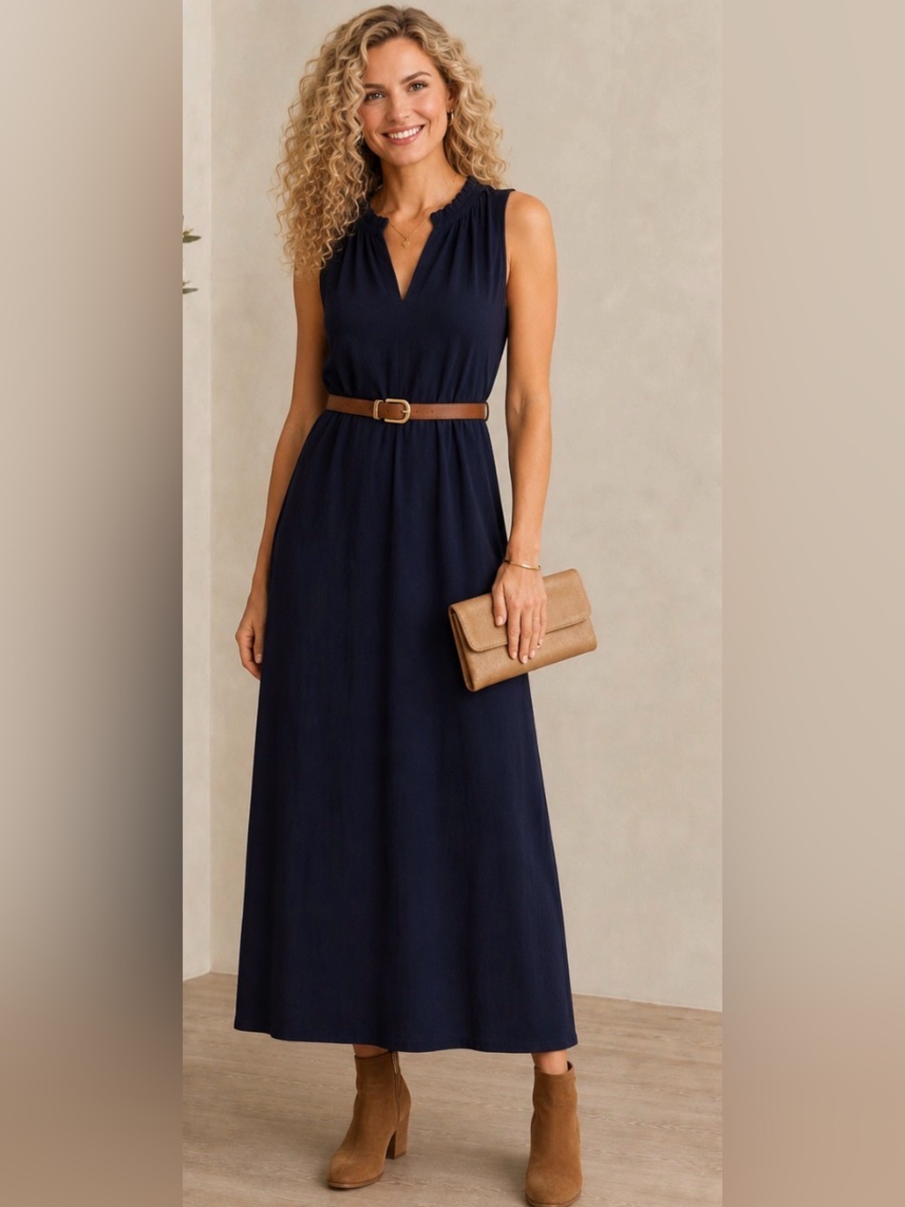 Max Studio Navy Sleeveless Tiered Midi Dress (belt not included)